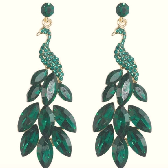 Sparkling Emerald Peacock Earrings - Picture 3 of 4